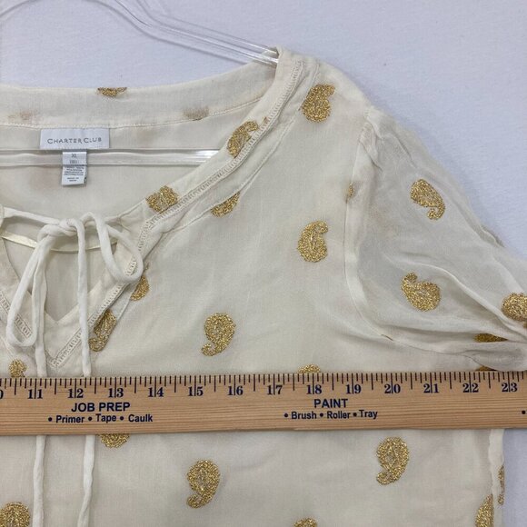 Charter Club size XL Cream Gold Paisley Tie Front Soft Comfy Feminine Blouse - Picture 8 of 9